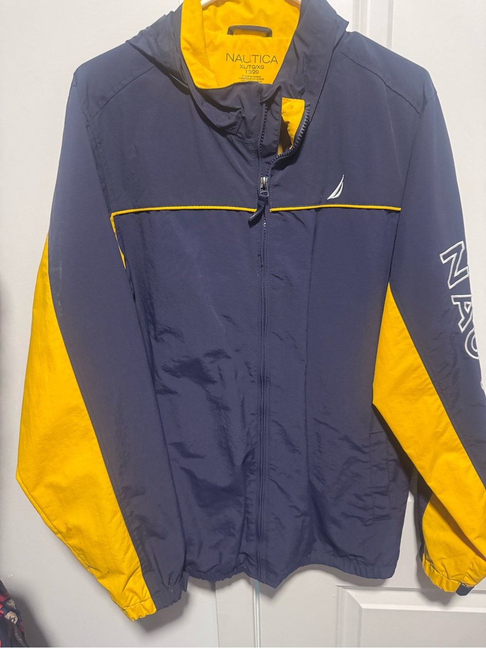 Nautica Navy and Yellow Colorblock Hooded Windbreaker